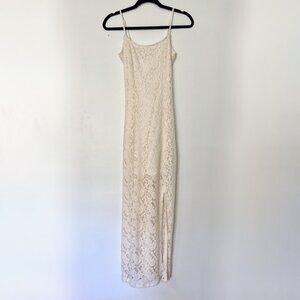 Aerie American Eagle Small White Cream Bodycon Lace Leg Slit Maxi Dress